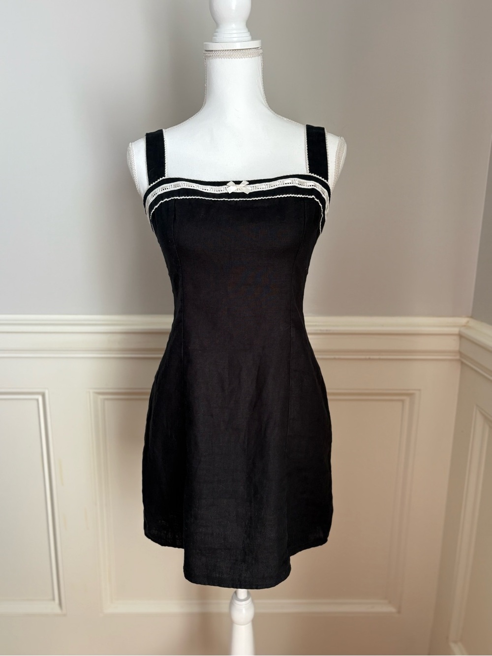 Reformation Elana Linen Mini Dress with Picot White Trim